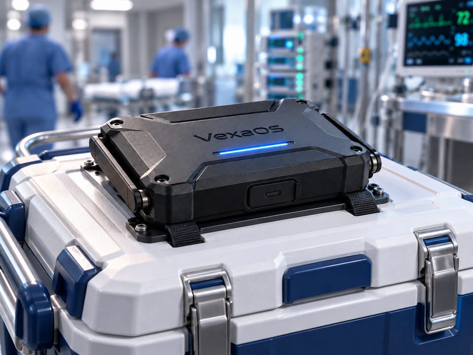 Concept render: the VexaOs Mobile Gateway strapped to the lid of a white and blue clinical transport cooler in a hospital corridor.