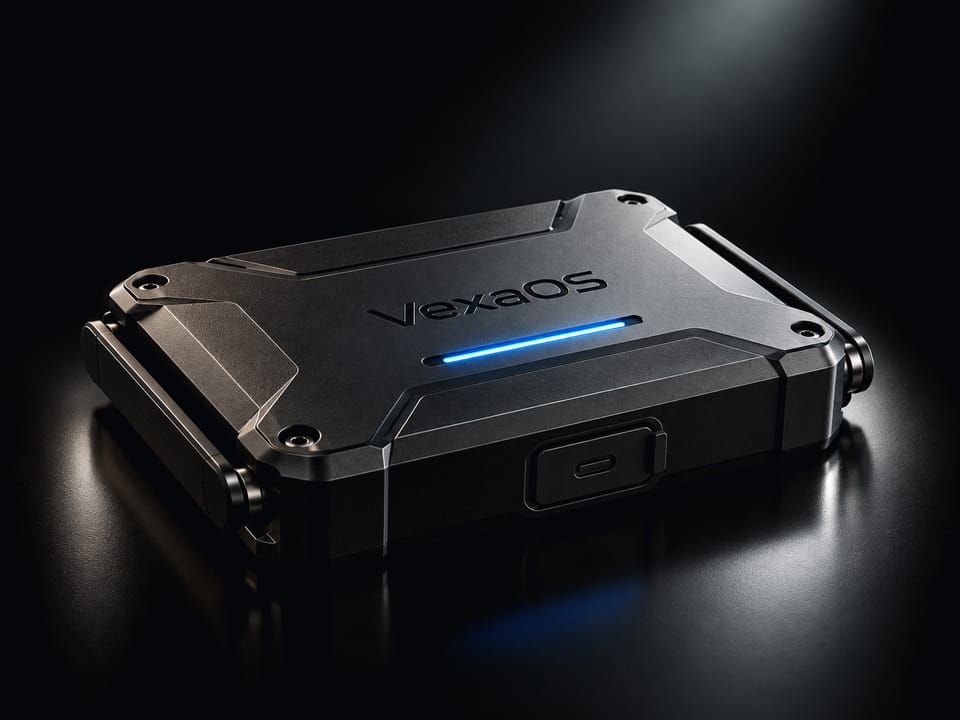 VexaOs Mobile Gateway concept render: a sculpted matte-black enclosure with four corner fasteners, fold-flat side antennas, a covered USB-C port and a thin blue status light.