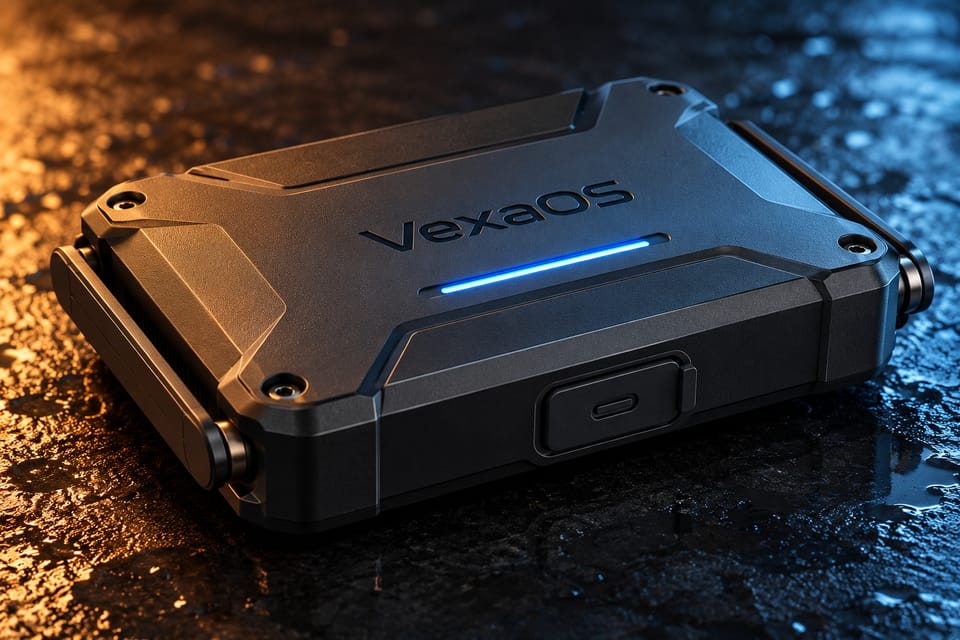 The VexaOs Mobile Gateway concept render on a wet, dark surface, lit in amber and blue.