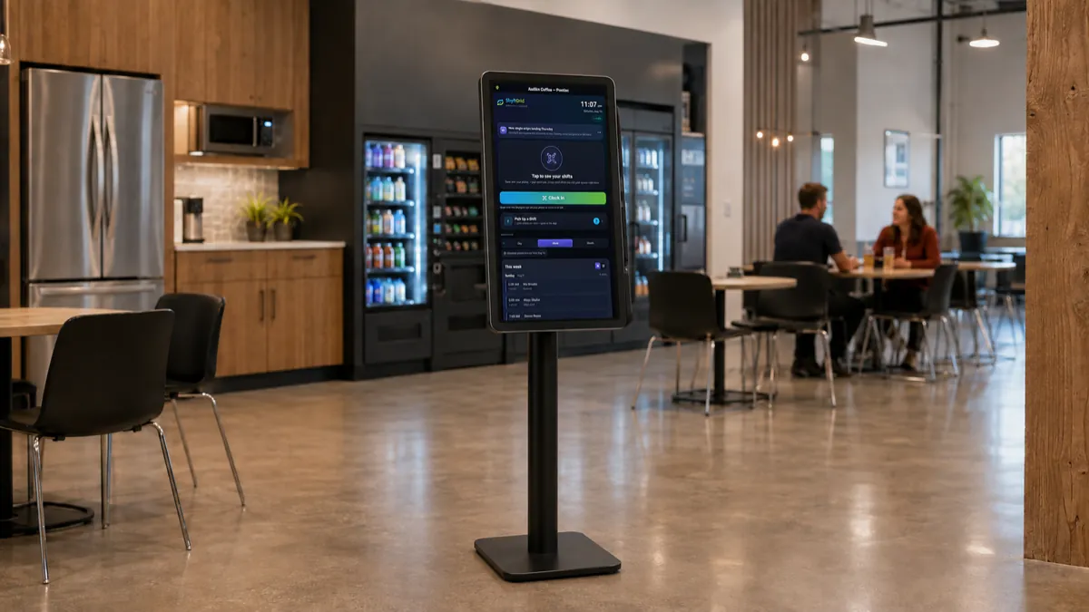 A TouchBoard on a freestanding floor stand in a staff break room, screen in portrait, running the Employee Control Center with "Tap to see your shifts", a Clock In button, and this week’s schedule. Colleagues sit at tables in the background.