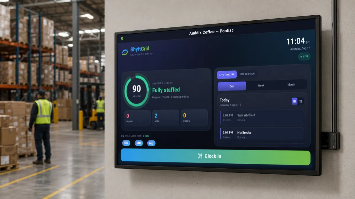 A TouchBoard wall-mounted on a warehouse wall, running the Workforce Wall Board: a staffing health score of 90, "Fully staffed", who is on the floor, a live timeline, and a full-width Clock In bar. Warehouse racking and a worker in a hi-vis vest are visible beyond it.