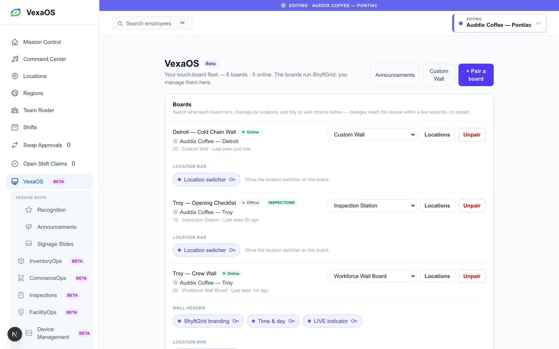 The VexaOS device registry listing a fleet of six paired boards across two locations, five online, each assigned a different mode.