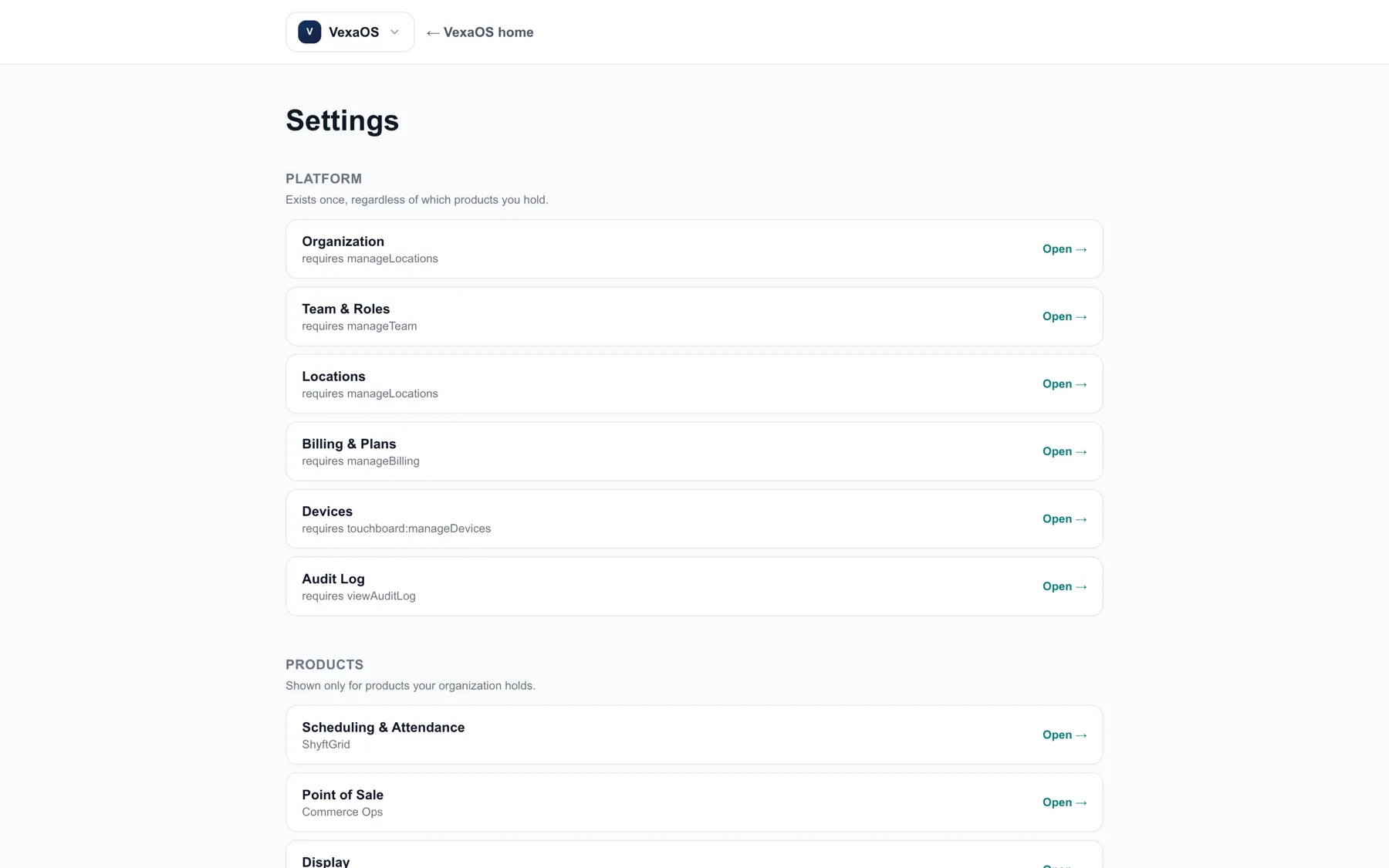 VexaOS settings, split into platform settings that exist once and product settings shown only for products the organization holds.